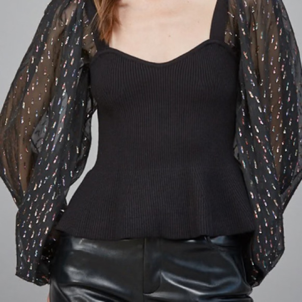Fate Black Top with Sheer Patterned Sleeves